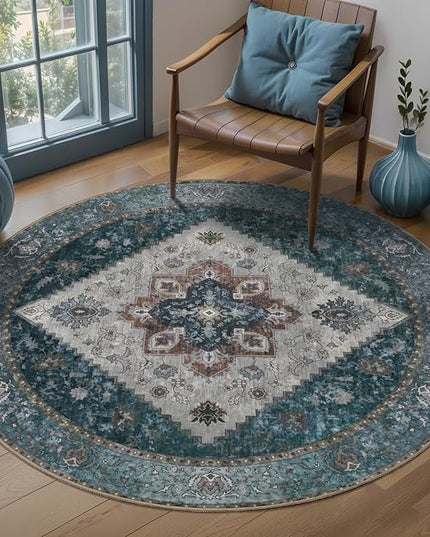 Ciicool Circle Boho Area Rug 4x4ft Round Washable Bedroom Non-Slip Vintage Entryway Throw Low-Pile Indoor Carpet for Living Room Foyer