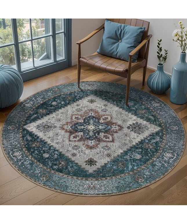 Ciicool Circle Boho Area Rug 4x4ft Round Washable Bedroom Non-Slip Vintage Entryway Throw Low-Pile Indoor Carpet for Living Room Foyer