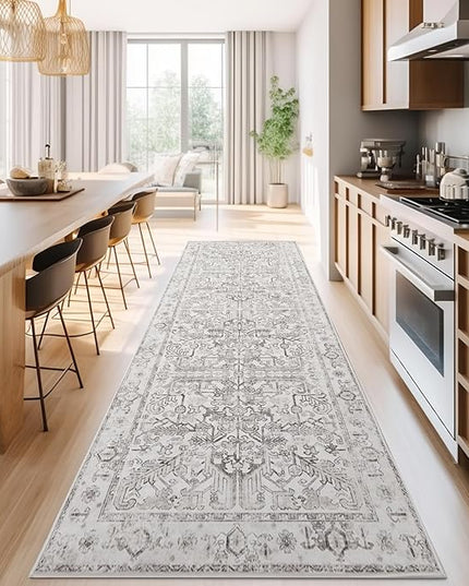 jinchan Lima Kitchen Runner Rug 3x10 - Vintage Floral Machine Washable Non-Slip Hallway Runner Rug with Rubber Backing Ultra-Thin Carpet for Bedroom Laundry Room Farmhouse (3x10ft, Taupe)