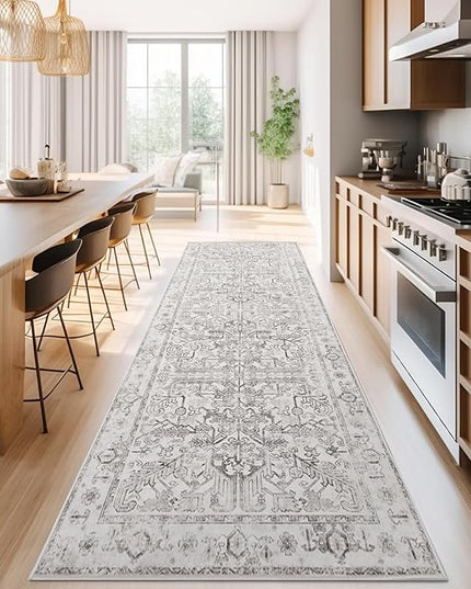 jinchan Lima Hallway Runner Rug 3x8 Washable - Vintage Floral Non Slip Low-Pile Soft Ultra-Thin Faux Wool Kitchen Rug Distressed Carpet Runner for Farmhouse Bedroom Laundry (3x8ft, Taupe)