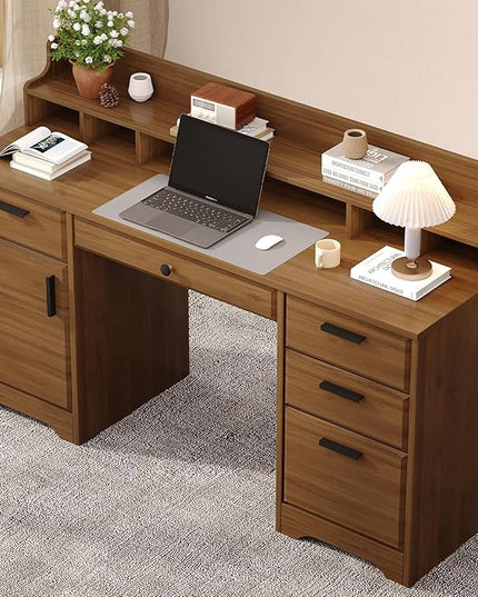 Executive Desk with File Drawers,Computer Desk with Storage,58 Inch Home Office Desk with Storage Cabinet for Bedroom, Rustic Brown