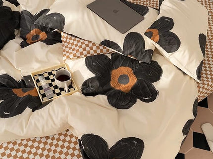 CLOTHKNOW Black Floral Twin/Twin XL Comforter Set Sunflower Bedding Comforter Sets Brown Plaid Comforter Boho Comforter with 2 x Pillowcases