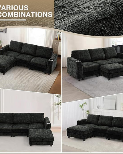 87" Chenille Sectional Sofa with Movable Ottomans, Modular L-Shape Couch with Cup Holders, Convertible 3 Seater Sofa with Well-Filled Backrest Cushions for Living Room, House, Black