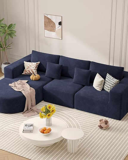 Modular Sectional Sofa with L-Shape Chaise,Cloud Sectional Modern Sleeper Couch with Deep Seat,Sponge Compression Sofas No Assembly Required (Blue-Corduroy Fabric) 1PCS