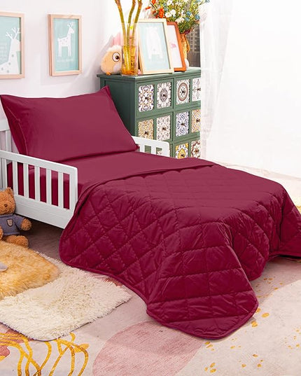 NTBAY Toddler Bedding Set - 4 Piece Soft and Breathable Crib Bedding Set for Boys and Girls, Includes Quilted Comforter, Fitted Sheet, Flat Top Sheet and Envelope Pillowcase, Wine Red