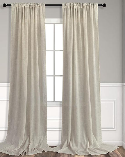 Flax Linen Curtains 96 Inches Long for Bedroom 2 Panels Back Tab Pocket Primitive Burlap Farmhouse Drape Sack Tweed Canvas Cloth Look Semi Sheer Tan Beige Curtains for Living Room Neutral Earth Tone
