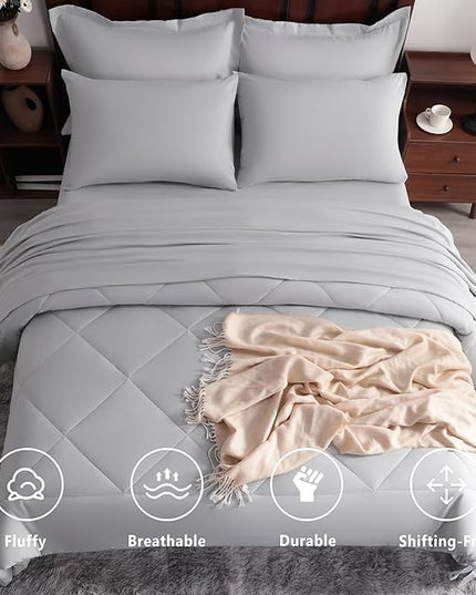 NTBAY King Comforter Set with Sheets, 7 Pieces Soft and Breathable King Bedding Set, Bed in a Bag, Down Alternative Comforter Set Solid Color All Season, King Bedding Set, Light Grey