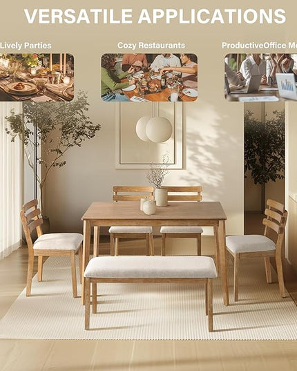 6 Piece Dining Table Set with Bench, Wooden Rectangular Kitchen Table and 4 Upholstered Chairs, Farmhouse Dining Room Furniture for Family Meals, Light Oak Finish