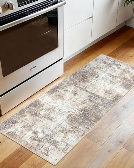 IOHOUZE Abstract Runner Rug 2x5 Ft Washable Runners for Hallways, Non Slip Kitchen Runner Printed Faux Wool Entryway Runner Indoor, Modern Abstract Floor Carpet for Hall Kitchen Bedroom, Beige Brown