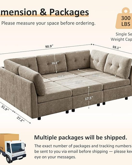 VANOMi 5 Seater Modular Sectional Sofa, Convertible Modular Cloud Sofa Bed with Ottoman, Comfy Chenille Sofas & Couches for Living Room, Apartment, Office, Beige, Sofa Bed