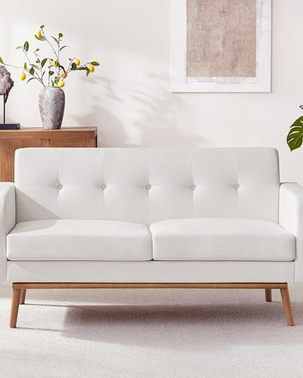 HUIMO Sofa Couch, Mid Century Modern Sofa with Solid Wood Frame, Button Tufted Couch for Bedroom, Living Room, Office, Apartment (White, 60 inch)