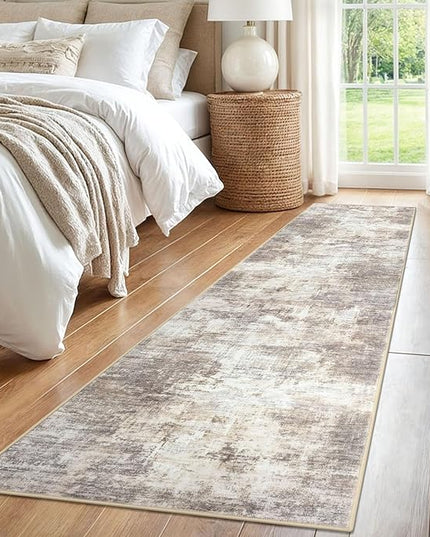 IOHOUZE Abstract Runner Rug 2x8 Ft Washable Runners for Hallways, Non Slip Kitchen Runner Printed Faux Wool Entryway Runner Indoor, Modern Abstract Floor Carpet for Hall Kitchen Bedroom, Beige Brown