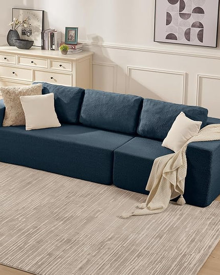 106" 3-Seater Sofa, Cloud Modular Sofa with Certified Foam, Upholstered Floor Sofa with Deep Seat, Upholstered Sofa for Bedroom Living Room, No Assembly Required (Teddy Boucle, Blue)