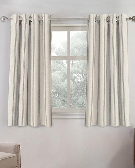 DriftAway Farmhouse Linen Blend Blackout Curtains 45 Inches Long for Bedroom Vertical Striped Printed Grommet Curtains Thermal Insulated Lined Treatments for Living Room 2 Panels W52 x L45 Gray