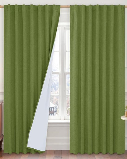 LAMIT Olive Green 100% Blackout Linen Curtains, 84 Inch Linen Textured Living Room Bedroom Drapes Room Darkening Back Tab and Rod Pocket Christmas Panels with White Liner, 2 Panels, 60 x 84 Inch