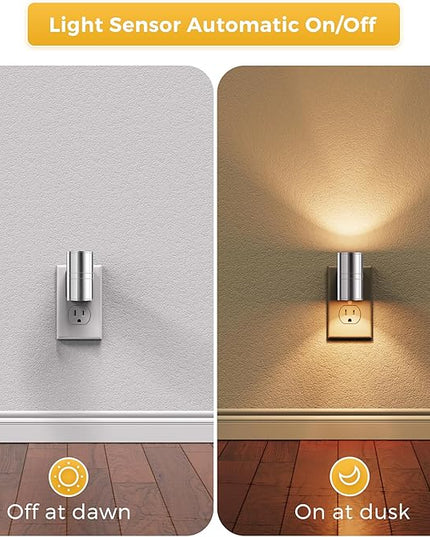 L LOHAS LED Night Light, Night Lights Plug into Wall, 1-Pack, Smooth Silver Glossy Plating Metal-Shade Nightlight, Light Sensor, Soft White 3000K, Dimmable Night Light Plug in for Hallway Bedroom