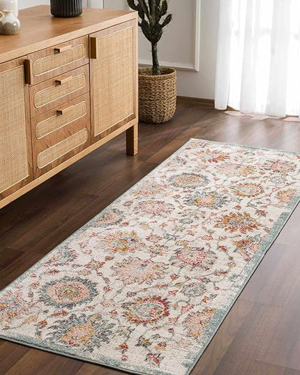 BoutiqueRugs Twilight Boho Vintage Colorful Area Rug - Farmhouse Traditional Floral Pink Carpet for Living Room, Bedroom - Cream, Green, Sage, Red, Gray, Taupe, Pink - 5'3" x 7' (5x7)