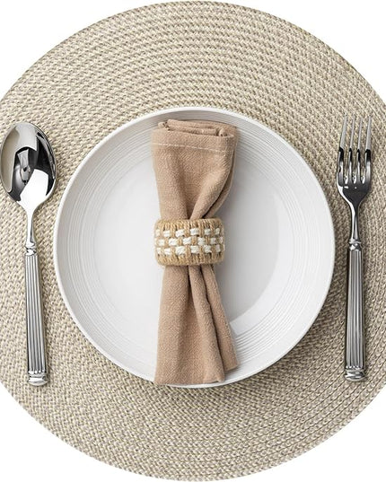 Round Placemats Set of 6 Plastic Woven Placemats Washable Wipeable Table Mats for Dining Table Heat Resistant Non-Slip Circle Place Mats (Beige-Brown)