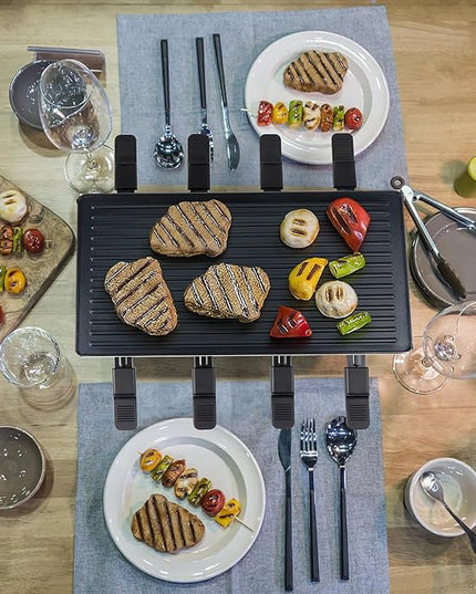 Raclette Table Grill, Techwood Electric Indoor Grill Korean BBQ Grill, Removable 2-in-1 Non-Stick Grill Plate, 1500W Fast Heating with 8 Cheese Melt Pans, Ideal for Parties and Family Fun (Black)