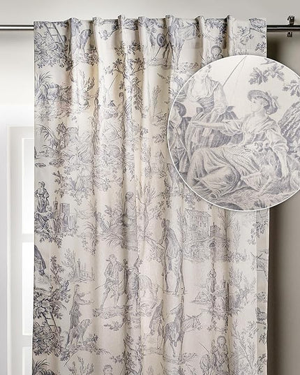 Maison d' Hermine Curtains for Living Room 100% Cotton 124 inch Length One Panel Light Filtering Toile Curtains for Bedroom Windows with Rod and Loop Pockets (The Miller Paloma Gray, 50" W x 124" L)