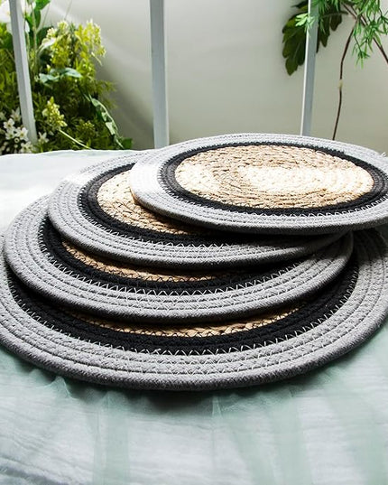 Handwoven Braided Rug, Set of 4, Round Reversible Area Rug, Pet-Friendly Durable Natural Fiber Carpet for Living Room, Dining Room, Bedroom