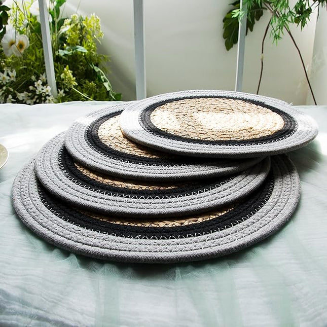 Handwoven Braided Rug, Set of 4, Round Reversible Area Rug, Pet-Friendly Durable Natural Fiber Carpet for Living Room, Dining Room, Bedroom