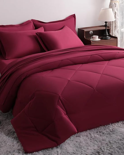 NTBAY Queen Comforter Set with Sheets, 7 Pieces Soft and Breathable Queen Bedding Set, Bed in a Bag, Down Alternative Comforter Set Solid Color All Season, Queen Bedding Set, Wine Red
