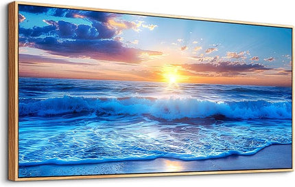 Wapluam Wood Framed Canvas Wall Painting - Large Wall Art For Living Room, Bedroom, Office Decor - Blue Sea Wave Pictures - Modern Beach Seascape Posters