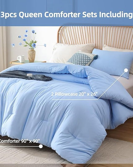 ROSGONIA Queen Comforter Set Light Blue, 3pcs Bedding Comforter Sets (1 Comforter & 2 Pillowcases) All Season Soft Lightweight Bedspread Blanket Quilt