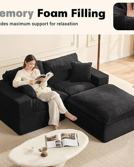 74.8” Cloud Couch, Modular Loveseat Sofa, Convertible Sofas Bed, Deep Seat Sofa, Cozy Sofa for Living Room, Office and Bedroom, L Shaped Cozy Sofa Furniture Set, Corduroy, Black