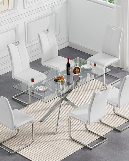 HomVent 7 Pieces Rectangular Glass Dining Table Set, Glass Kitchen Table Set for 6 Dinner Table Set with 6 PU Dining Chairs for Kitchen Dining Room