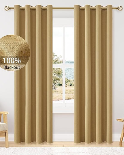 ChrisDowa 100% Blackout Mustard Yellow Solid Curtains 90 Inches Long 2 Panels for Bedroom Living Room,Farmhouse Room Darkening Thermal Insulated Soundproof Grommet Top Window Treatment Drapes,52x90