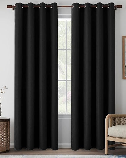 100% Blackout Linen Curtains 84 Inch Length 2 Panels for Bedroom, Thermal Insulated Full Shading Soundproof Privacy Panels for Playroom Guest Room, Black, W52 x L84, 2 Panels