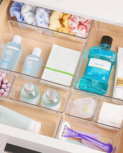 Vtopmart 72 PCS Clear Plastic Drawer Organizers Set, 4-Size Versatile Bathroom and Vanity Organizer Trays, Non-Slip Storage Containers for Makeup, Jewelries, Bedroom，Kitchen Utensils and Office