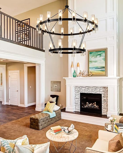 48" Modern High Ceiling Chandelier, 2 Tier Wagon Wheel Chandelier with Glass Shade, 24-Lights Large Round Modern Farmhouse Pendant Lighting Fixture for Dining Room, Living Room,Kitchen, Foyer