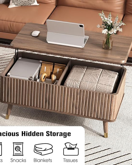 Lift Top Coffee Table with Storage, Mid Century Modern Coffee Table with Solid Wood Legs, 38" Minimalist Fluted Center Table for Living Room, Home Office, Walnut