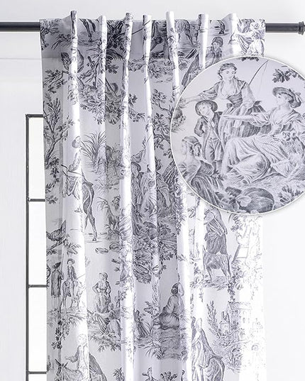 Maison d' Hermine Curtains for Living Room 100% Cotton 96 inch Length One Panel Light Filtering Toile Curtains with Rod and Loop Pockets (The Miller Paloma Gray (White Background), 50" W x 96" L)