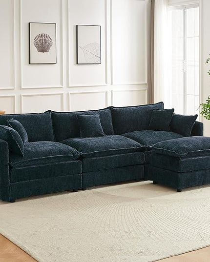 Modular Sectional Sofa, 112.2 Inch L Shaped Couch Set with Armrests, 3-Seater Comfy Cloud Couches with Movable Ottoman for Living Room Apartment, Blue