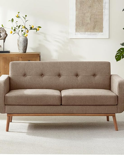 HUIMO Sofa Couch, Mid Century Modern Sofa with Solid Wood Frame, Button Tufted Couch for Bedroom, Living Room, Office, Apartment (Brown, 60 inch)