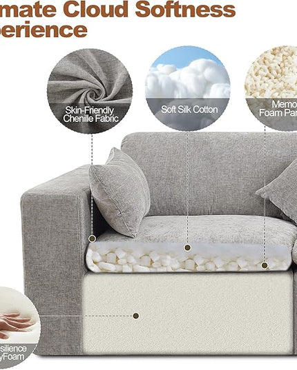 155''Cloud Boneless Sectional Couch, Modular Sectional Sofa Deep Seat with Ottoman, Oversized Upholstered Convertible Comfy 5 Seater Chenille Sofa L Shape Couches for Living Room, Light Grey