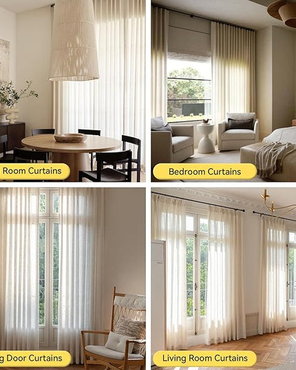 Pinch Pleated Linen Curtains 102 Inches Long - Light Filtering Curtains for Living Room, Semi Sheer Window Curtains for Bedroom, Luxury Pinch Pleated Drapes with Hooks and Rings, Natural, 2 Panels Set