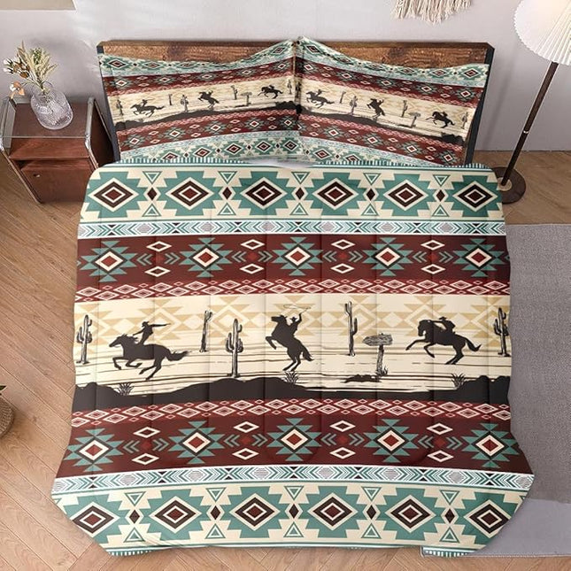 Twin Size Comforter Set with Pillowcase, Tribal Cowboy Horses 2 Pcs Bedding for Kids and Adults, Retro Vintage Western Soft Comforter Set for Bedroom Bed Decor