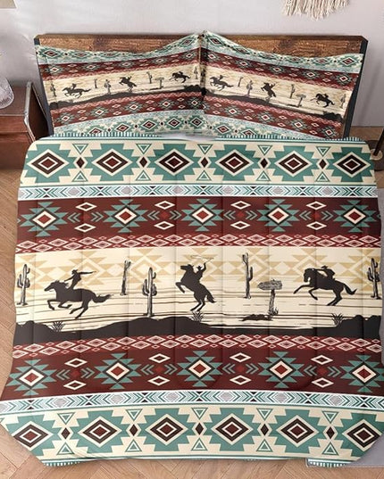 King Size Comforter Set with 2 Pillowcases, Tribal Cowboy Horses 3 Pcs Bedding for Kids and Adults, Retro Vintage Western Soft Comforter Set for Bedroom Bed Decor