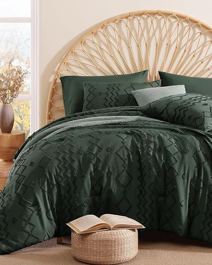 Full Size Comforter Set Dark Green, Tufted Boho Bedding Farmhouse Bed Set, All Season 7 Pieces Bed in a Bag with Sheets, Pillowcases & Shams