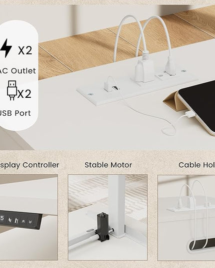 71" Standing Desk with Storage, Large One-Piece Desktop, Electric Height Adjustable Stand Up Executive Desk, Privacy Panel, AC/USB, Host Storage, White Rattan