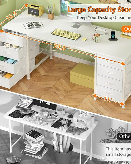 60 Inch Computer Desk with 8 Drawers, Home Office Desk with Power Outlets, Work Study Gaming Desk with 8 Fabric Drawers