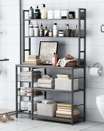 Large Baker Rack with Basket,5-Tier Kitchen Utility Storage Shelf with Hooks,Microwave Oven Stand with Storage,Suitable for Living Room, Dining Room,Coffee Bar(Grey)
