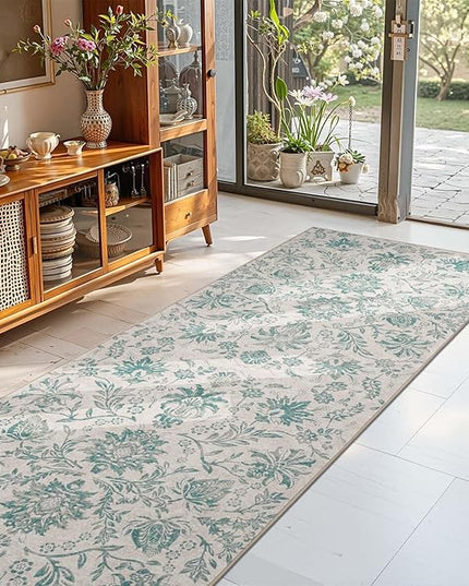 jinchan Torino Runner Rugs 3x8 Vintage-Inspired Floral Design Machine Washable Non-Slip Ultra-Thin Low Pile Rubber Backing Traditional Rug for Kitchen Hallway Laundry Room Entryway