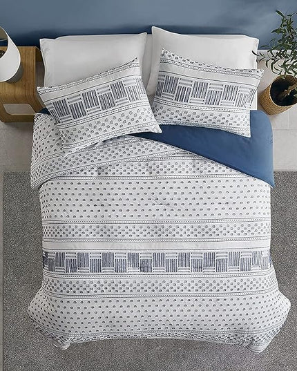 Hyde Lane Modern Navy Bedding, Blue Full/Queen Farmhouse Comforter Set, Cotton Top with Boho Style Clipped Jacquard Stripes, 3-Pieces Including Matching Pillow Shams (90 x 90 Inches)