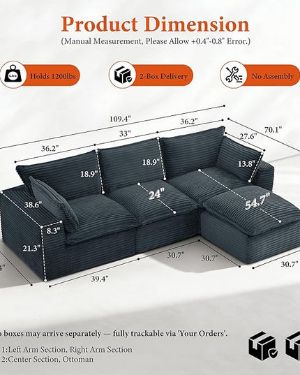 110" Sectional Couches for Living Room Boneless Couch Upholstered Cloud Couchs Sectional Modular Sectional Sofa with L Shaped